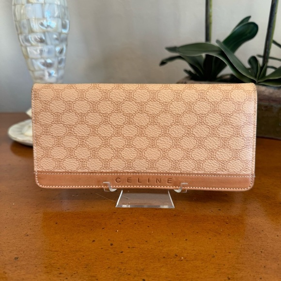 CELINE Long Wallet Macadam Pattern Leather Brown Clasp Purse Beige - Picture 1 of 11